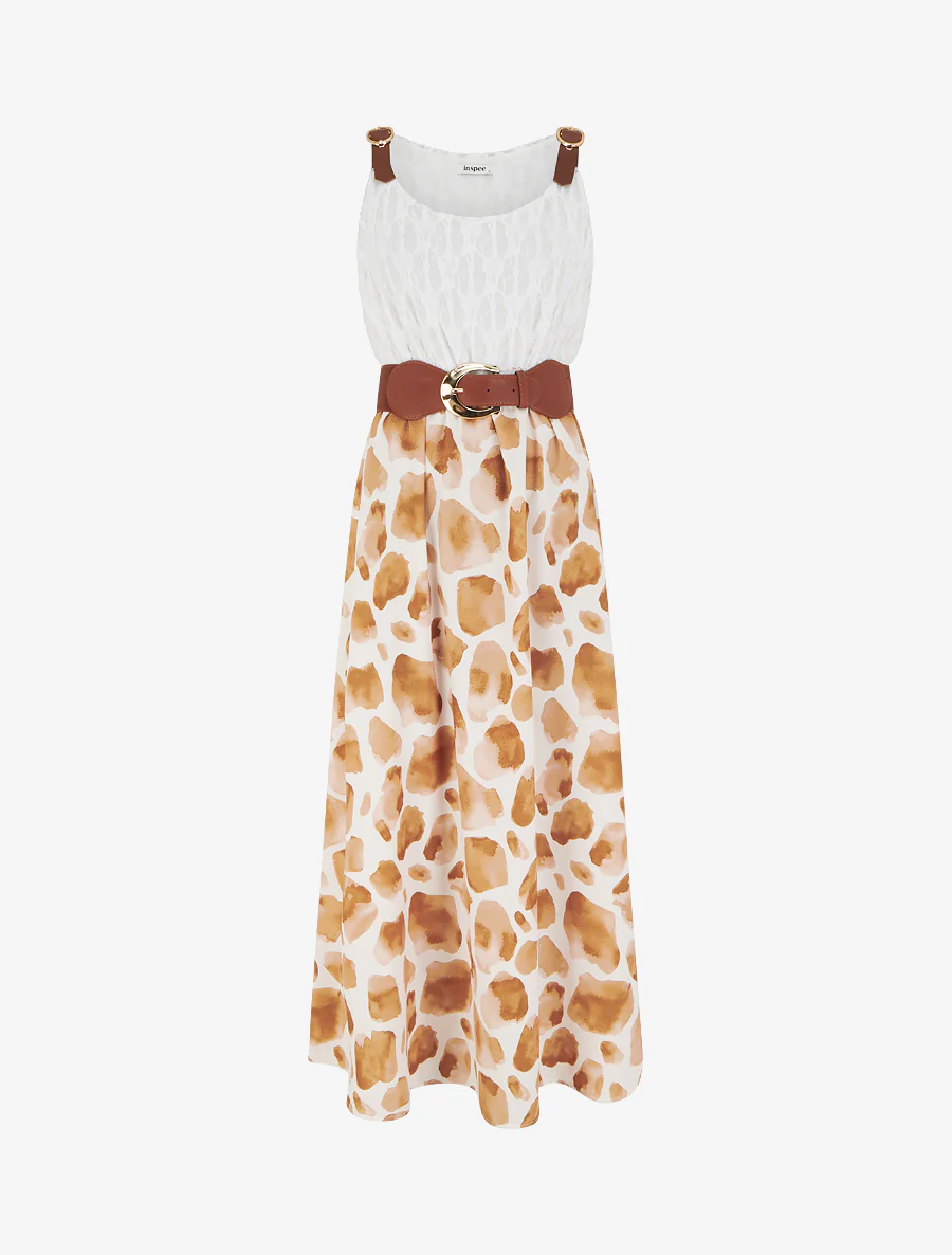Lange jurk met giraffenprint en imitatieriemen - Bruin