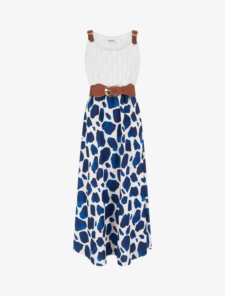 Lange jurk met giraffenprint en imitatieriemen - Marine
