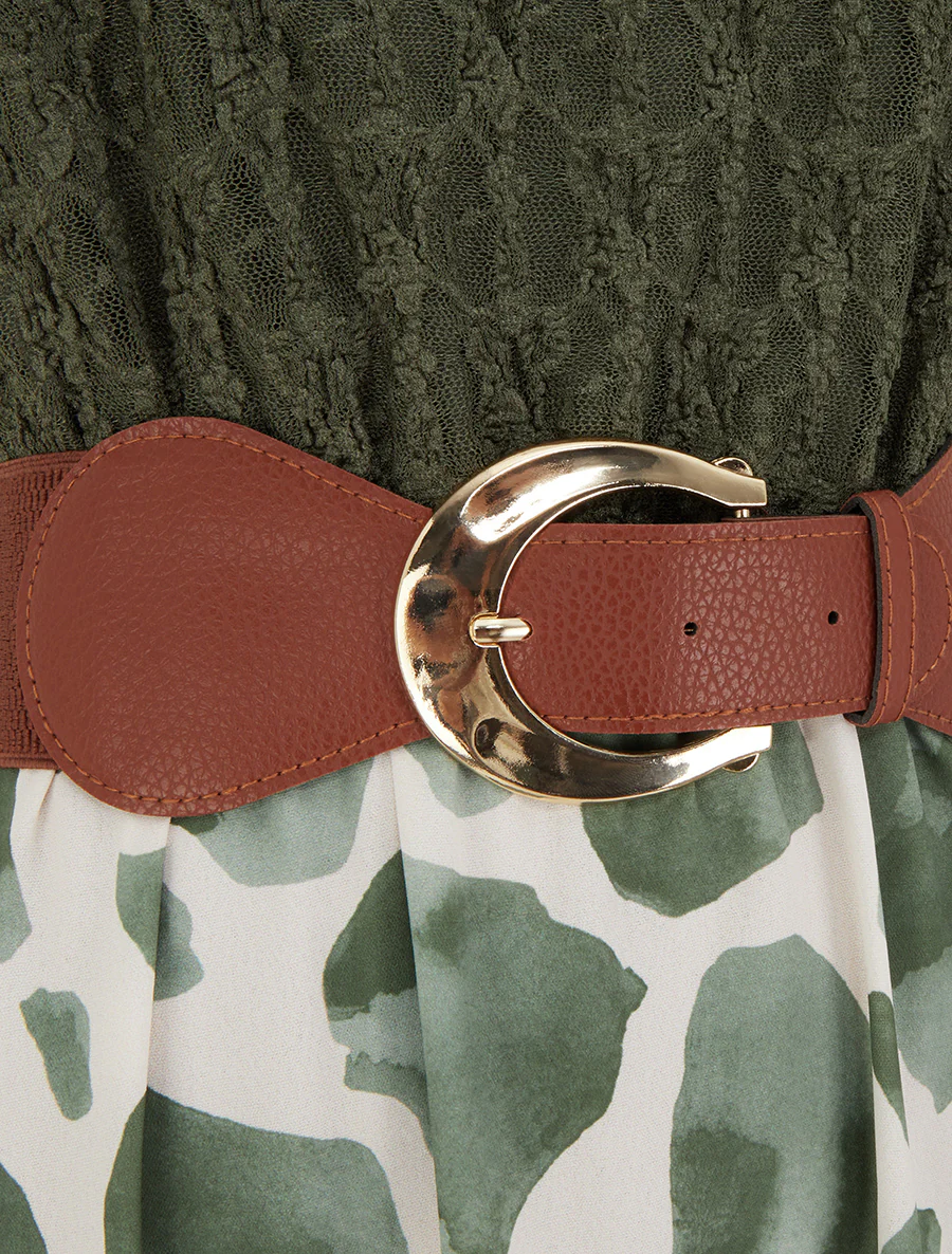 Lange jurk met giraffenprint en imitatieriemen - Kaki - Image 3