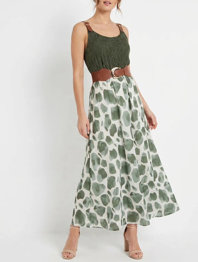Lange jurk met giraffenprint en imitatieriemen - Kaki - Image 4