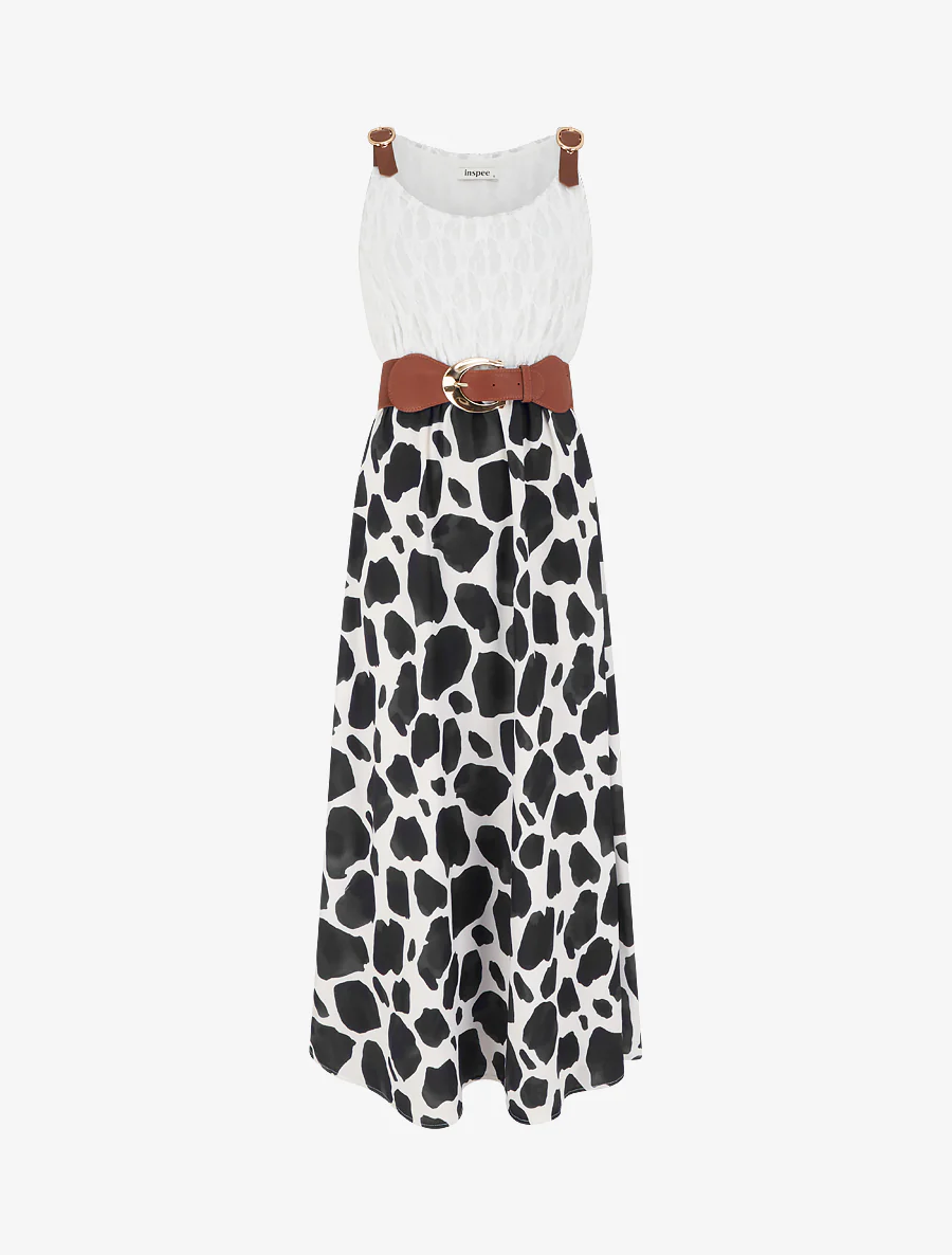 Lange jurk met giraffenprint en imitatieriemen - Zwart