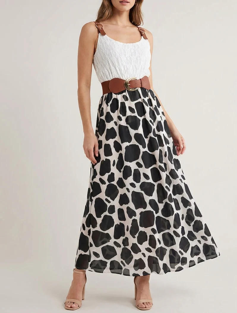 Lange jurk met giraffenprint en imitatieriemen - Zwart - Image 4