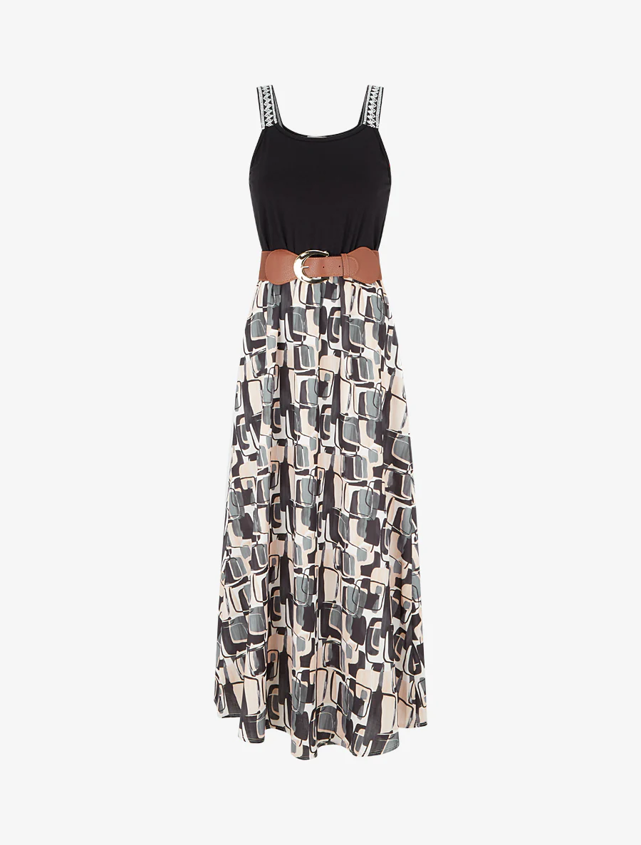 Lange jurk met grafische print - Zwart