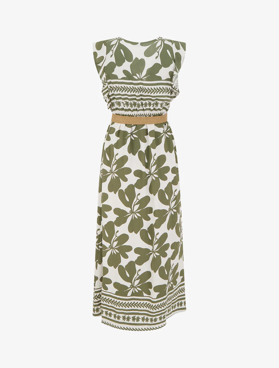 Lange jurk met grote bloemenprint en overslagkraag - Kaki - Image 2
