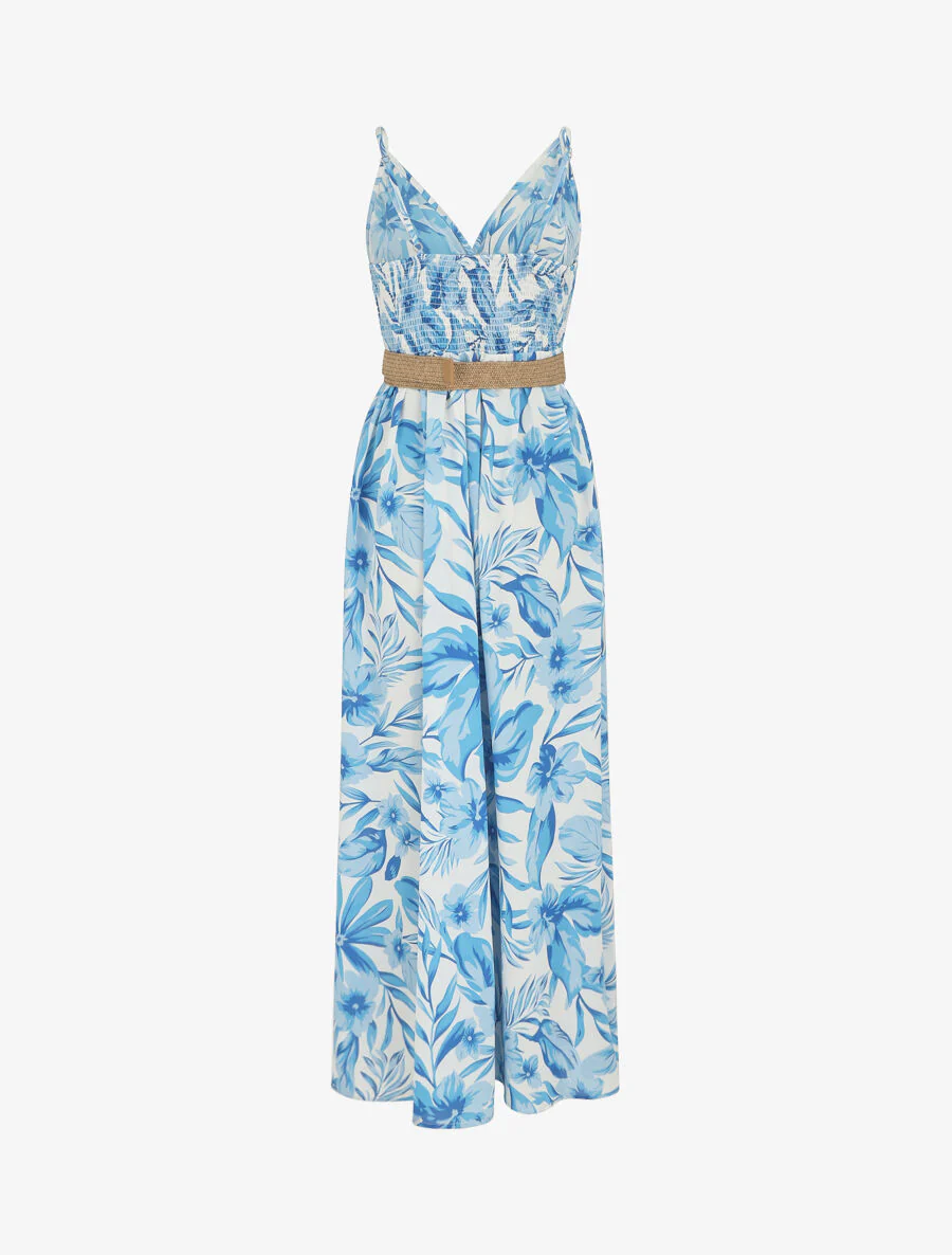 Lange jurk met grote bloemenprint en schouderbandjes - Blauw - Image 2