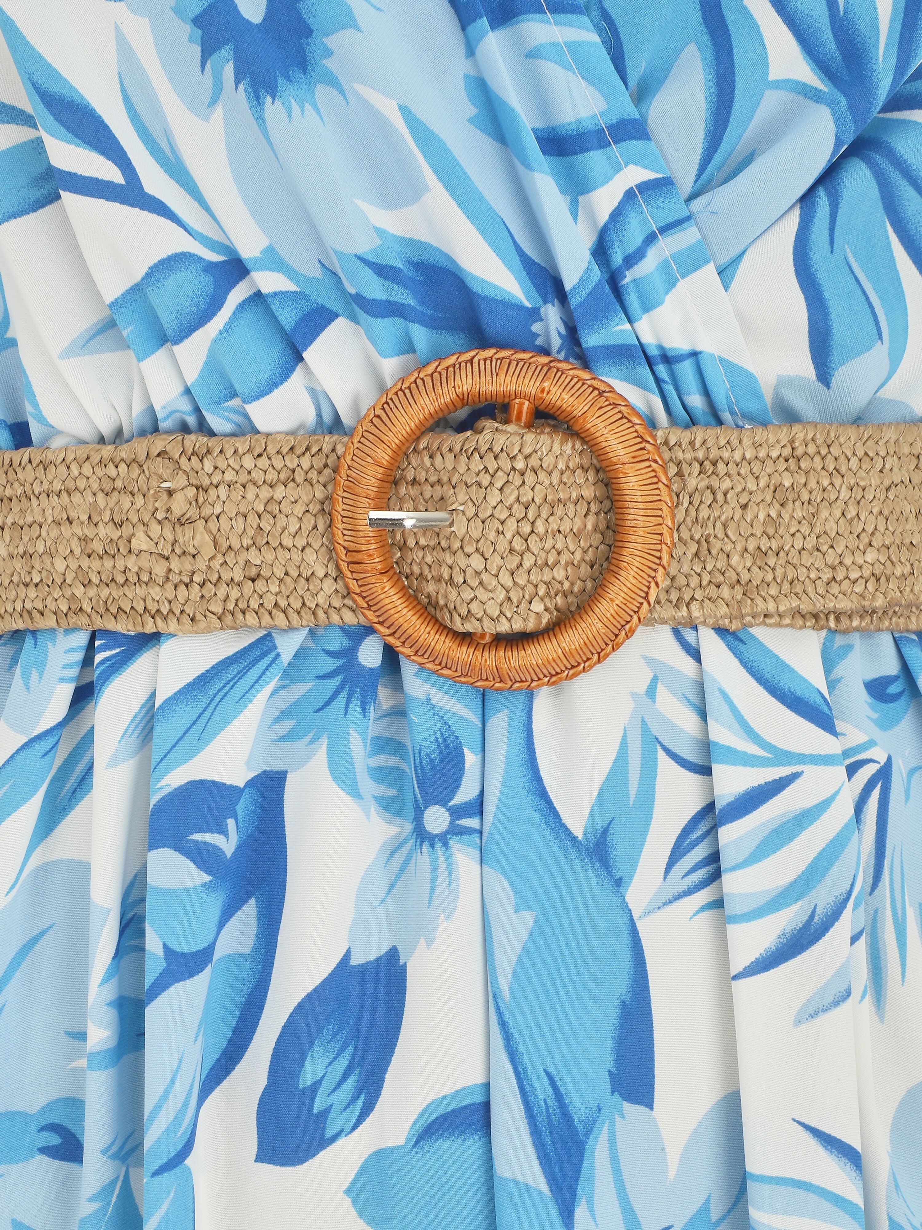 Lange jurk met grote bloemenprint en schouderbandjes - Blauw - Image 3