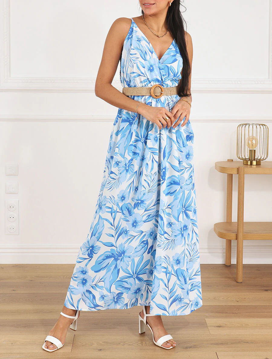 Lange jurk met grote bloemenprint en schouderbandjes - Blauw - Image 4