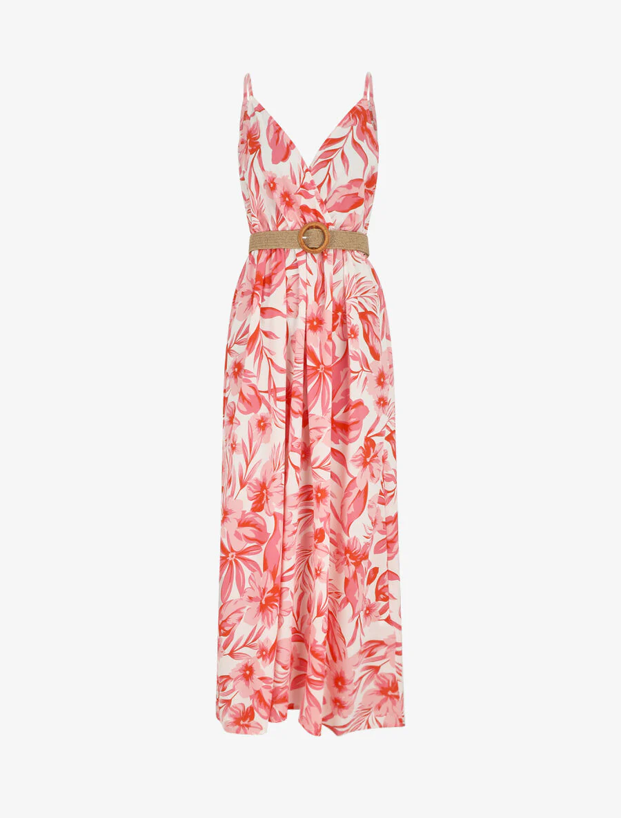 Lange jurk met grote bloemenprint en schouderbandjes - Rood
