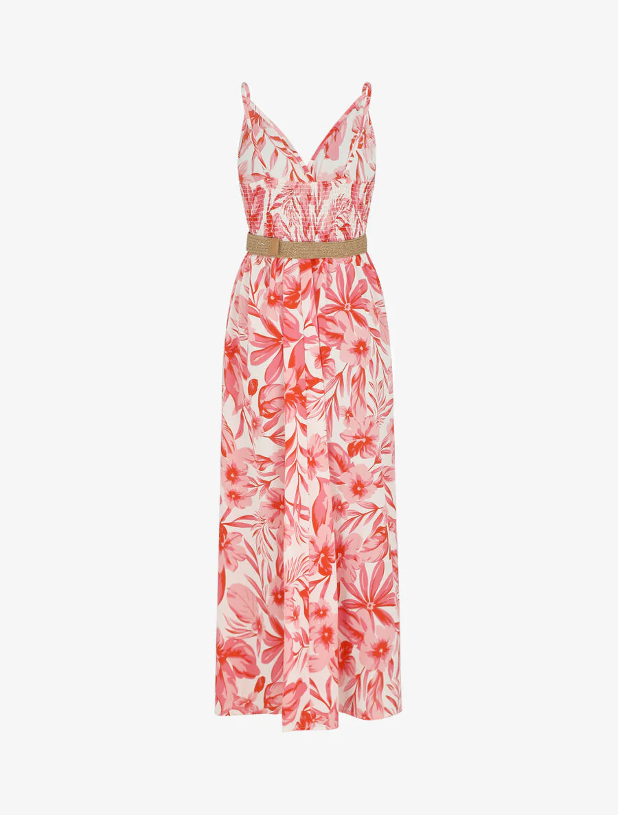Lange jurk met grote bloemenprint en schouderbandjes - Rood - Image 2