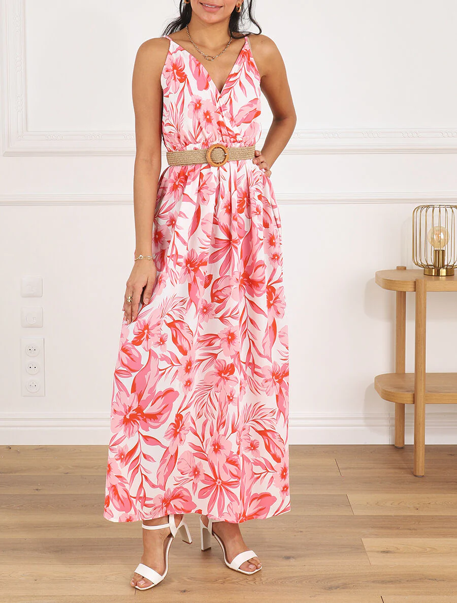 Lange jurk met grote bloemenprint en schouderbandjes - Rood - Image 4