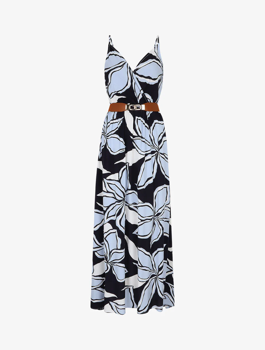 Lange jurk met grote bloemenprint - Marineblauw