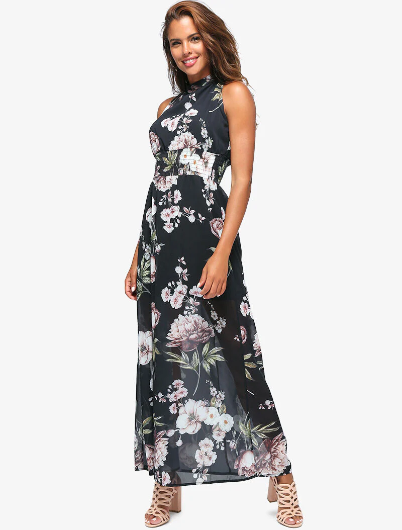 Lange jurk met grote bloemenprint - zwart