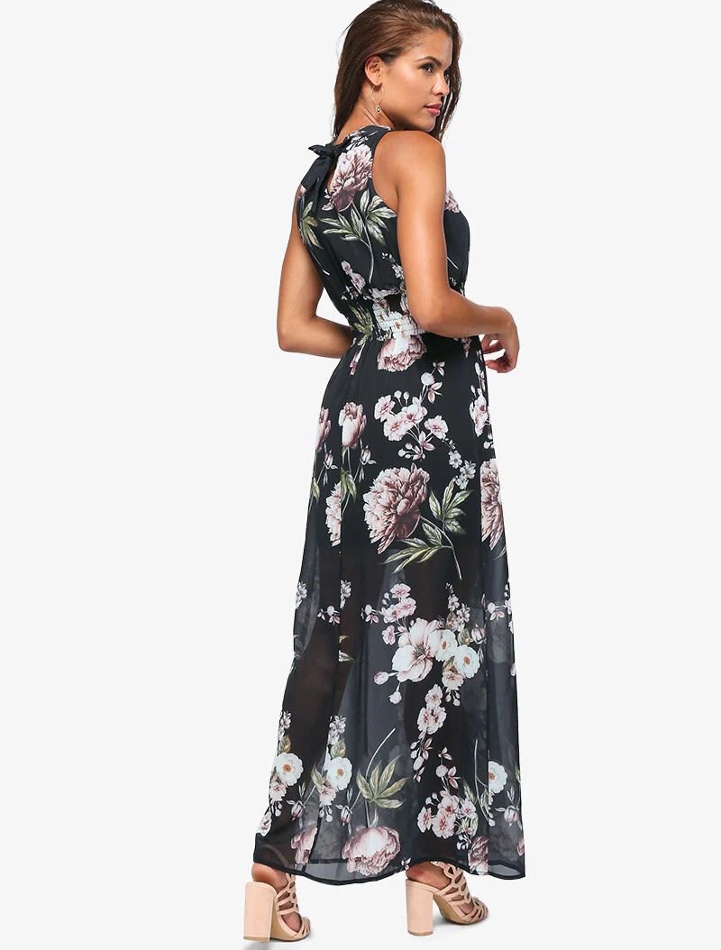 Lange jurk met grote bloemenprint - zwart - Image 2
