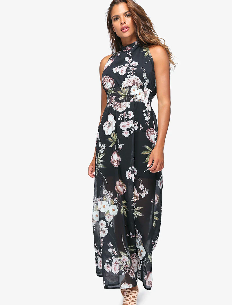 Lange jurk met grote bloemenprint - zwart - Image 3