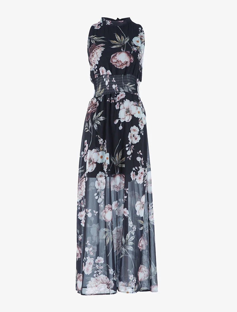 Lange jurk met grote bloemenprint - zwart - Image 4