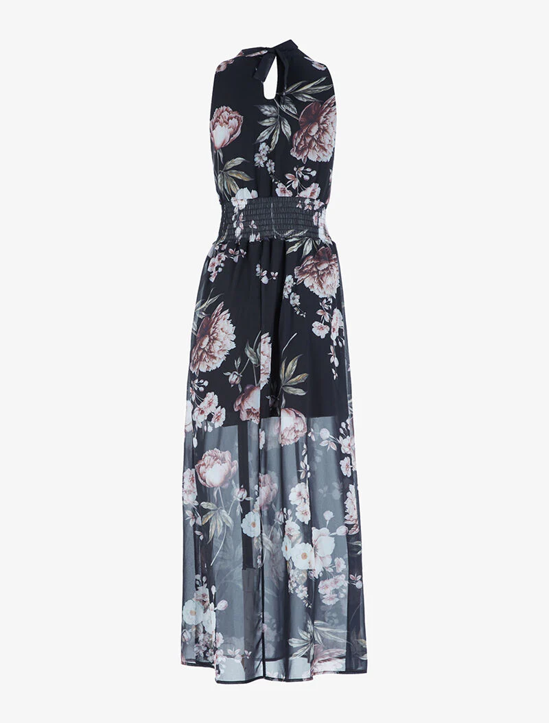 Lange jurk met grote bloemenprint - zwart - Image 5