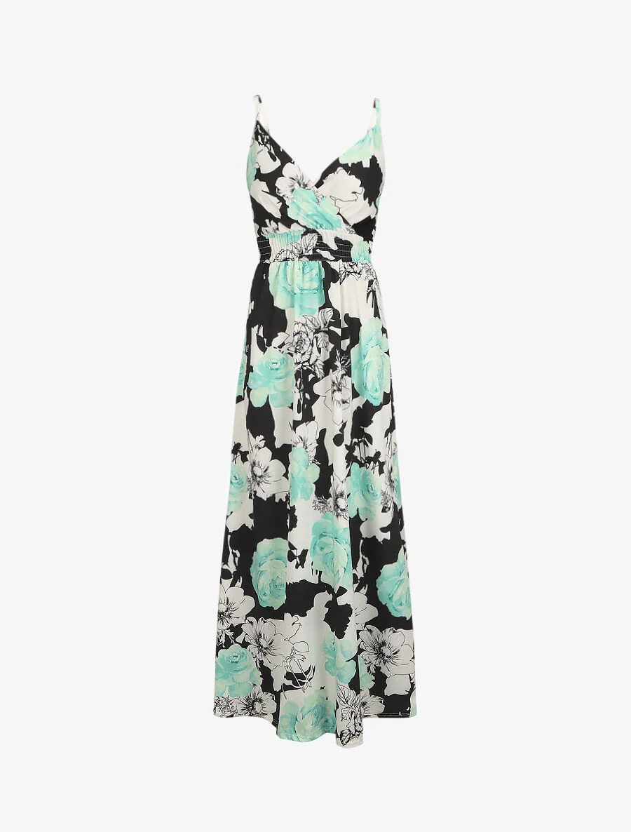 Lange jurk met grote rozenprint - Watergroen
