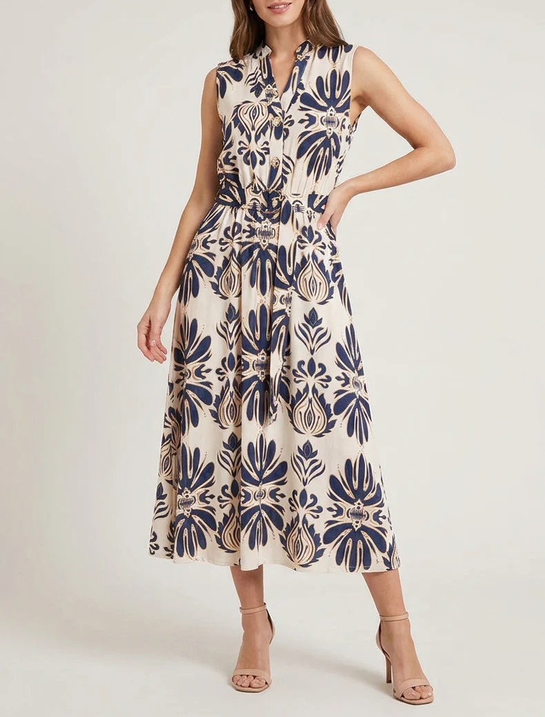 Lange jurk met ikat-print en decoratieve knopen - Marine - Image 4
