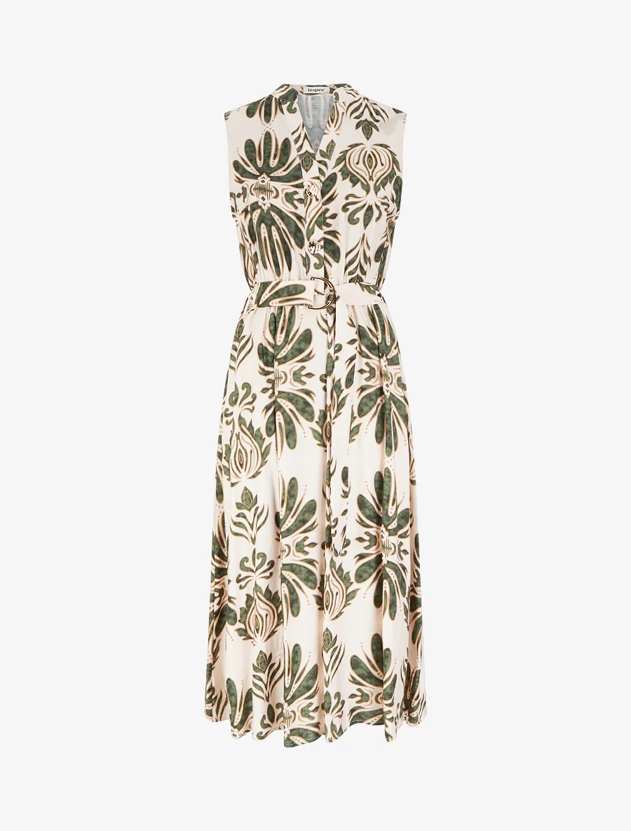 Lange jurk met ikat-print en decoratieve knopen - Groen