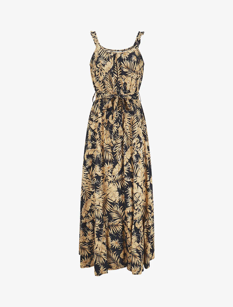 Lange jurk met iriserende tropische print en bandjes - Marineblauw