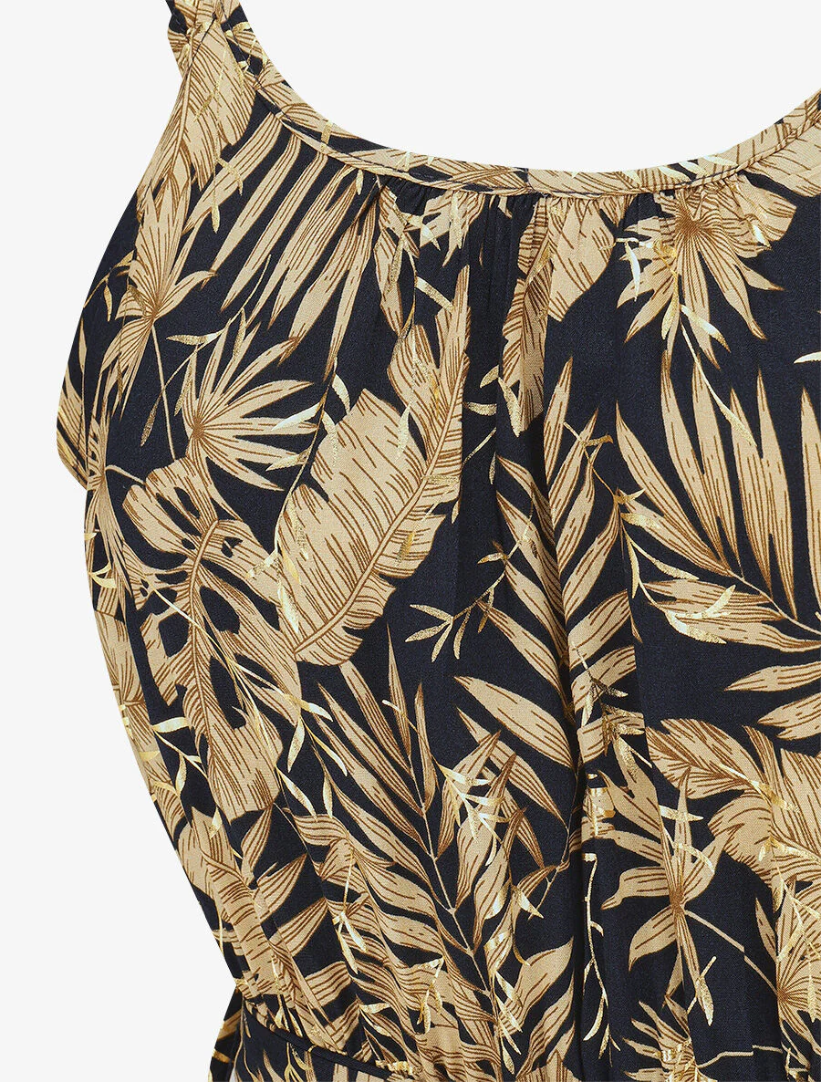 Lange jurk met iriserende tropische print en bandjes - Marineblauw - Image 3