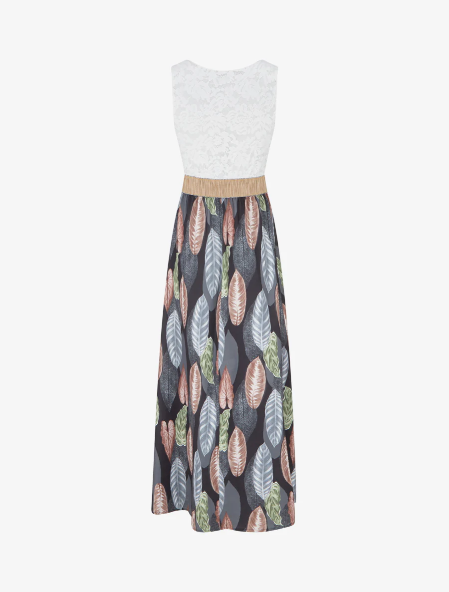 Lange jurk met kant en bladenprint - Zwart - Image 2