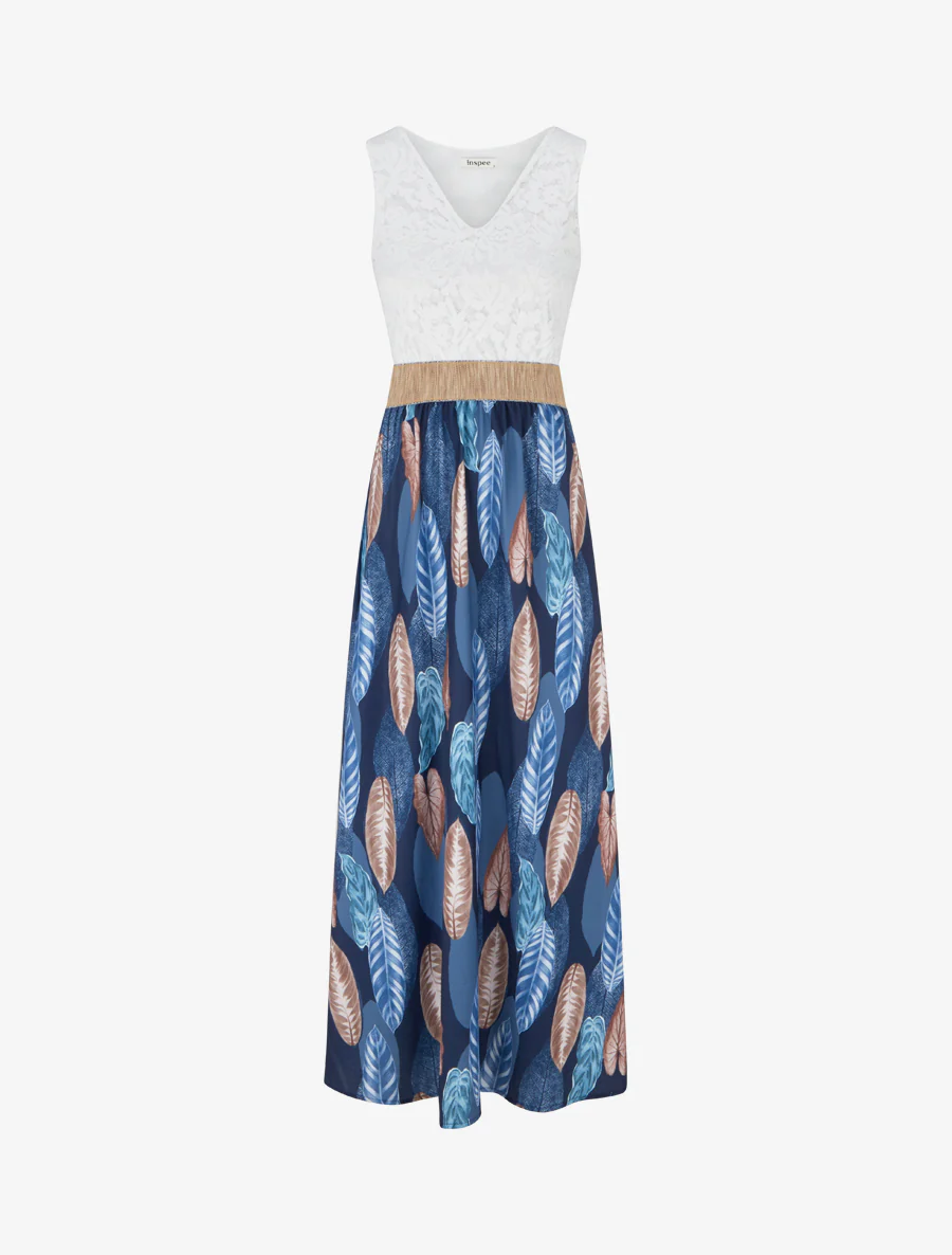 Lange jurk met kant en bladenprint - Marine