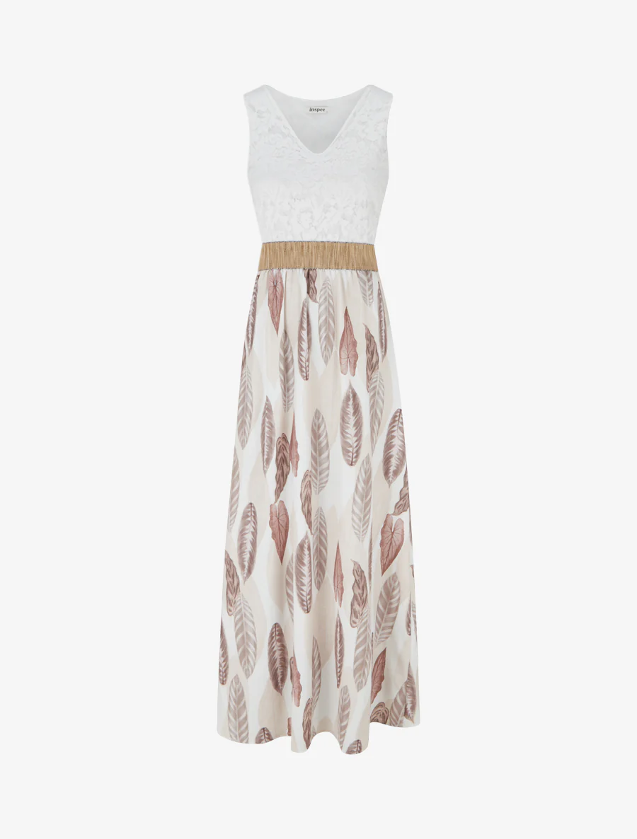 Lange jurk met kant en bladenprint - Beige