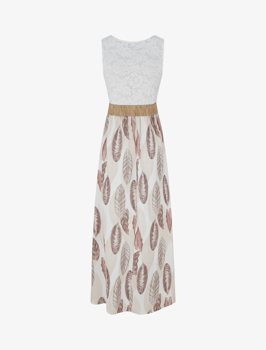 Lange jurk met kant en bladenprint - Beige - Image 2