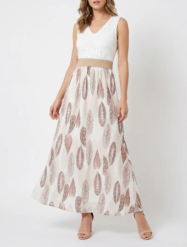 Lange jurk met kant en bladenprint - Beige - Image 4