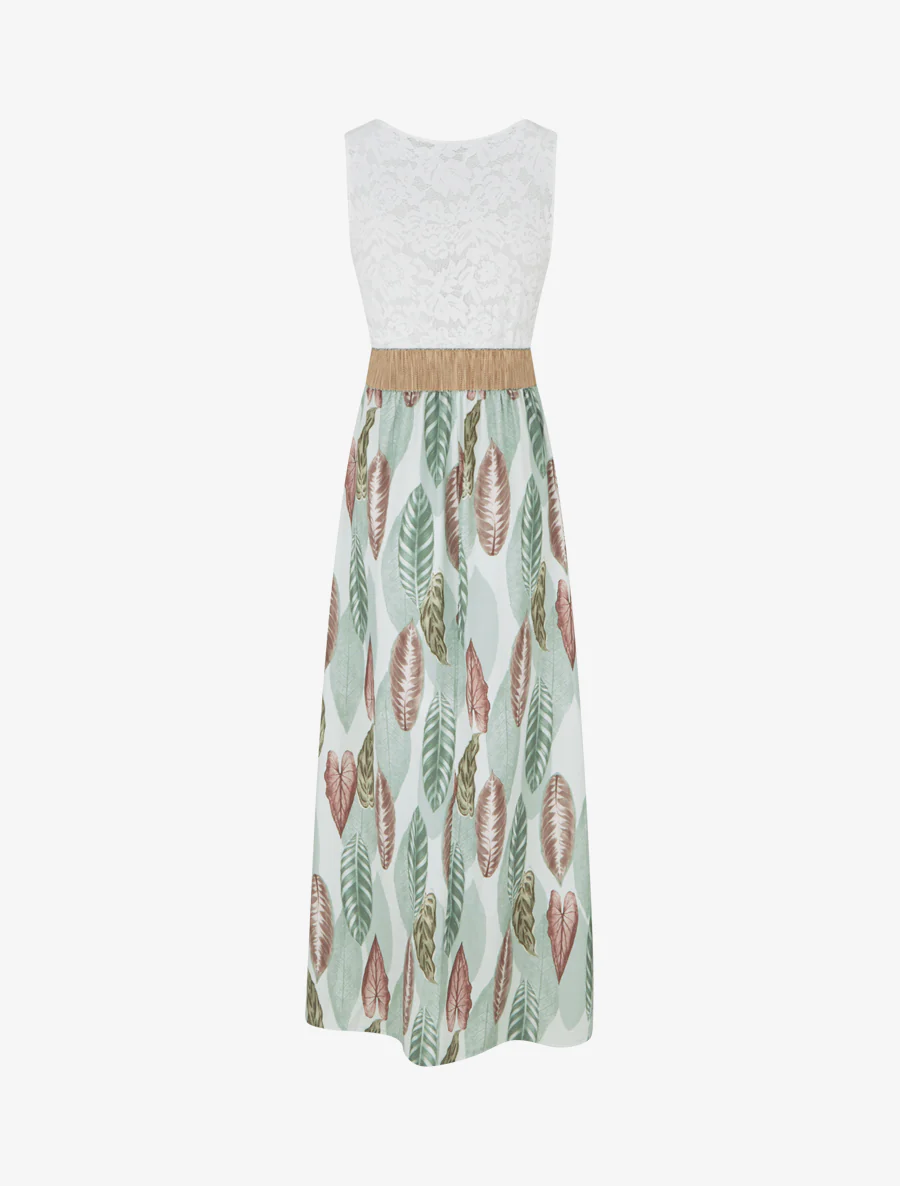 Lange jurk met kant en bladenprint - Amandelgroen - Image 2