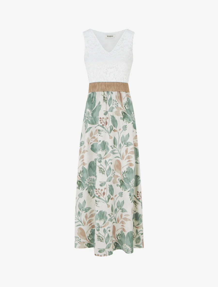 Lange jurk met kant en bloemenprint - Licht kaki