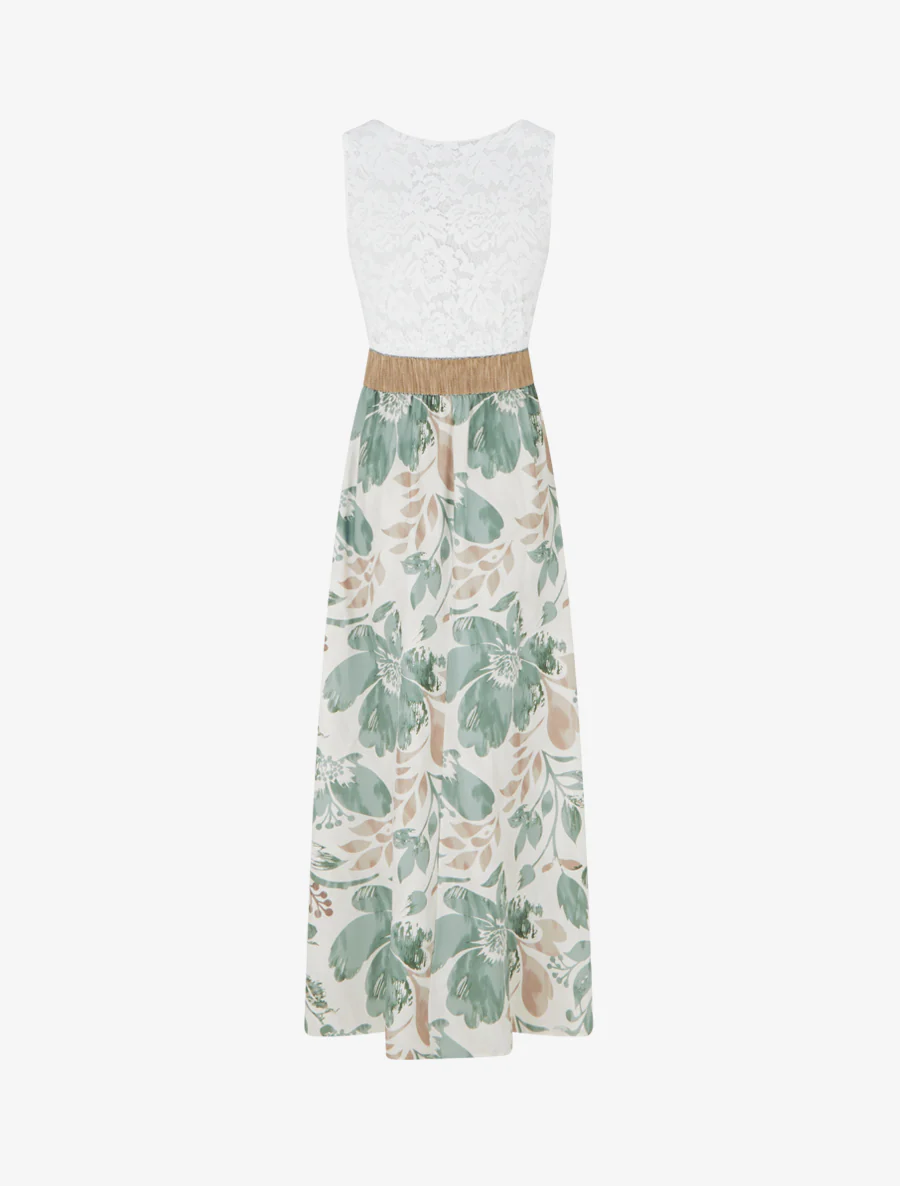 Lange jurk met kant en bloemenprint - Licht kaki - Image 2