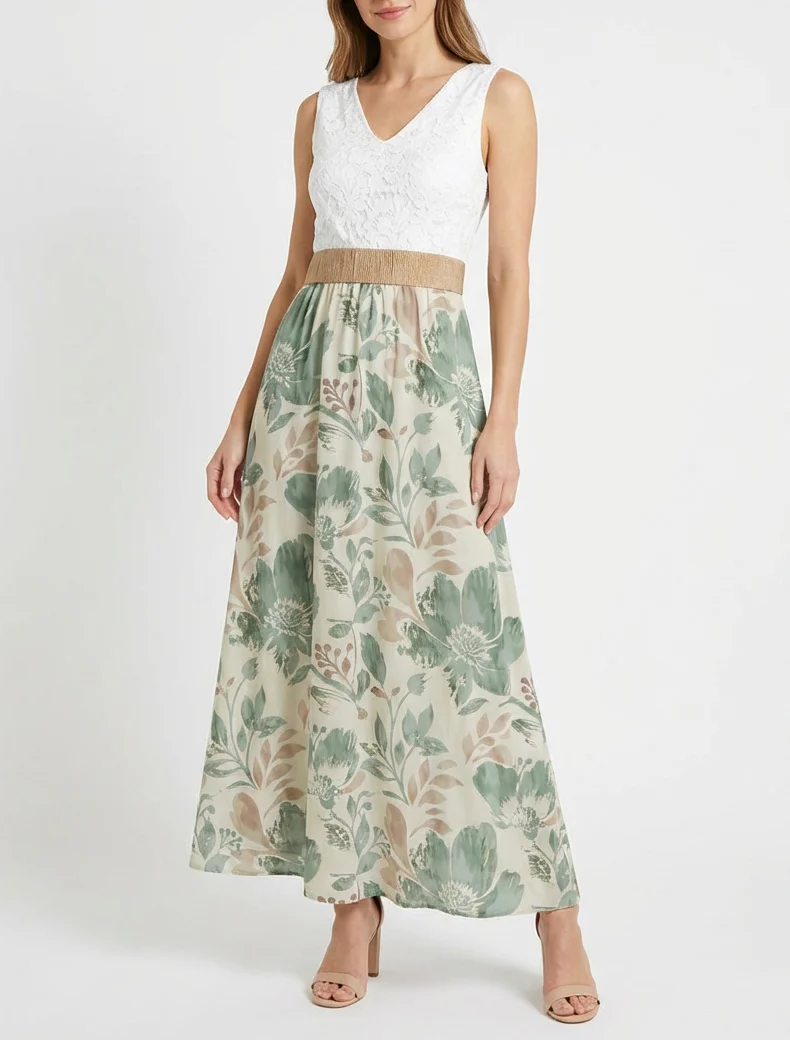 Lange jurk met kant en bloemenprint - Licht kaki - Image 4