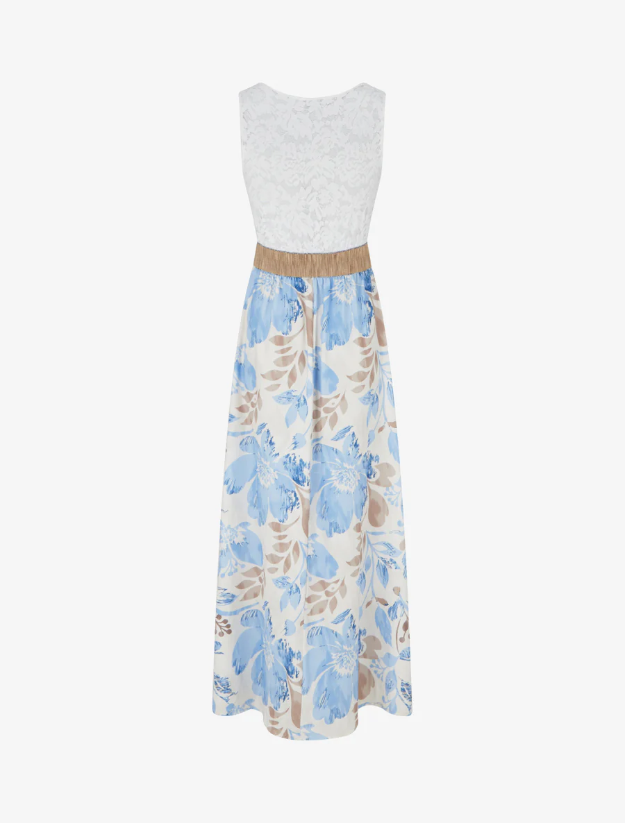 Lange jurk met kant en bloemenprint - Lichtblauw - Image 2