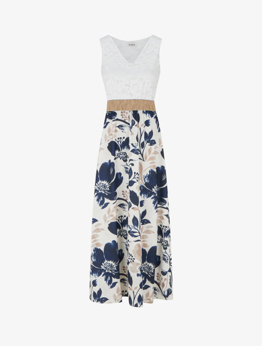 Lange jurk met kant en bloemenprint - Marine