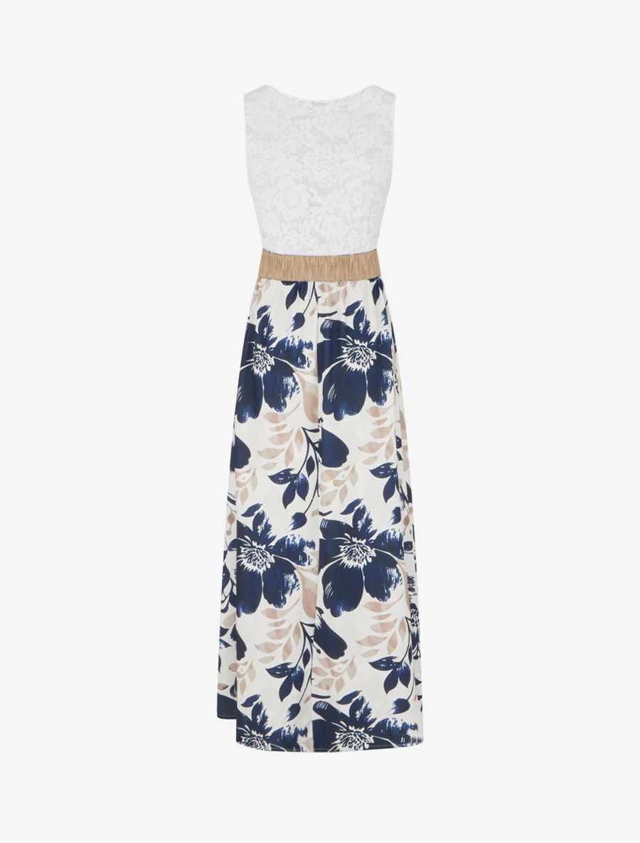 Lange jurk met kant en bloemenprint - Marine - Image 2
