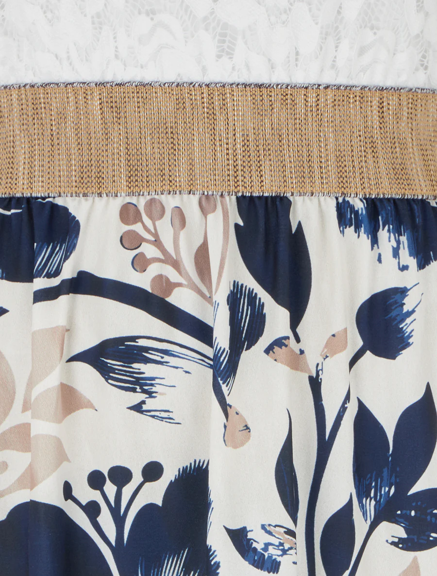 Lange jurk met kant en bloemenprint - Marine - Image 3