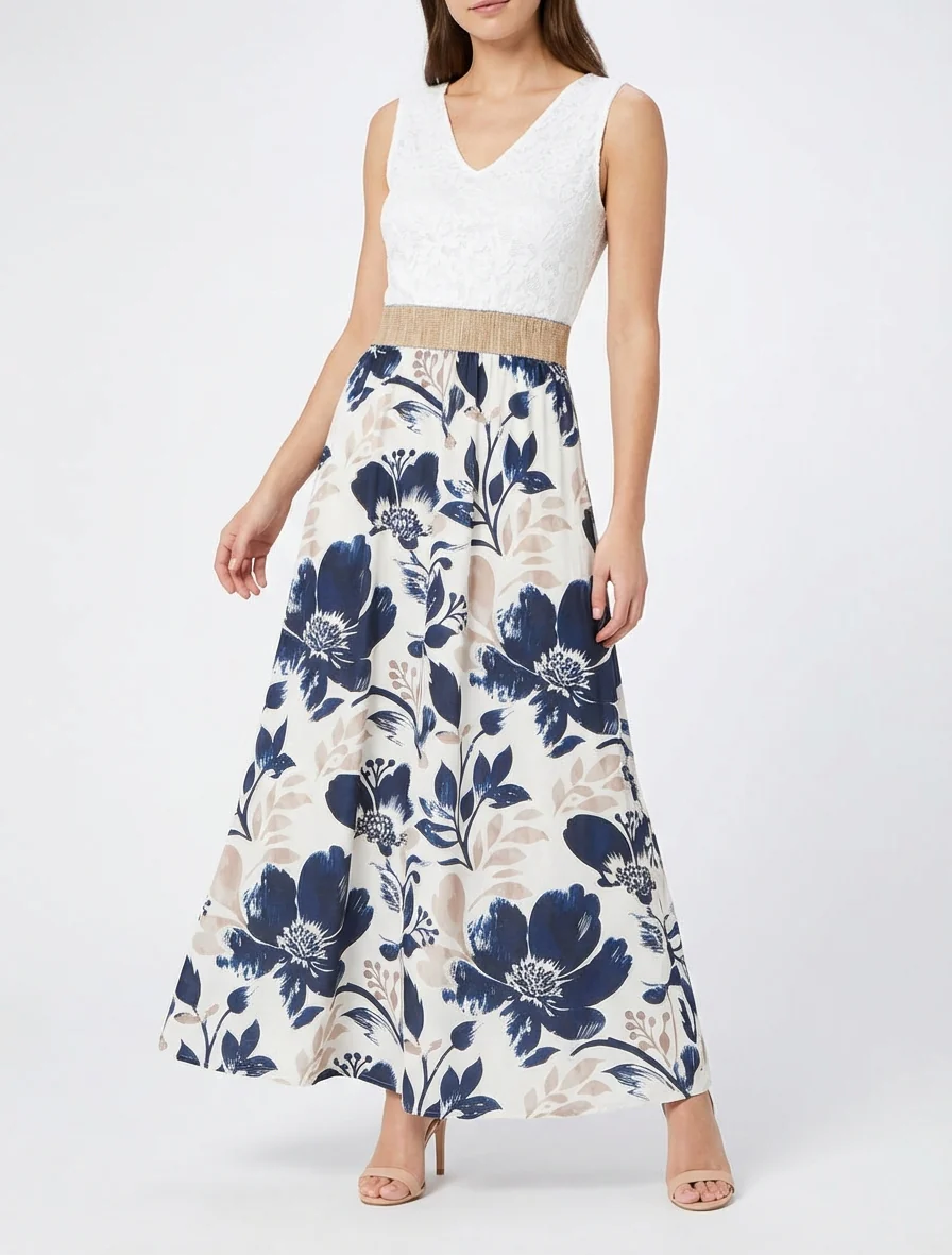 Lange jurk met kant en bloemenprint - Marine - Image 4