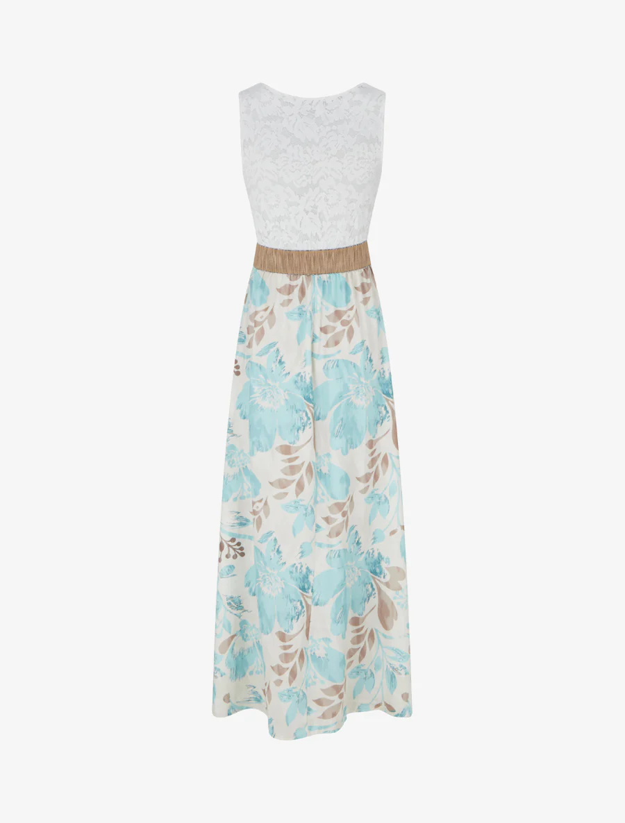Lange jurk met kant en bloemenprint - Watergroen - Image 2