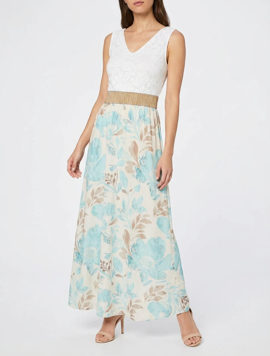 Lange jurk met kant en bloemenprint - Watergroen - Image 4