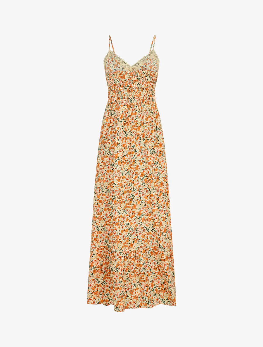 Lange jurk met kanten kraag en bloemenprint - Beige - Image 2