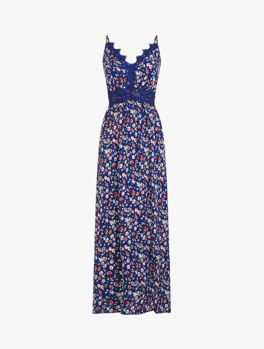 Lange jurk met kanten kraag en bloemige print - Marineblauw