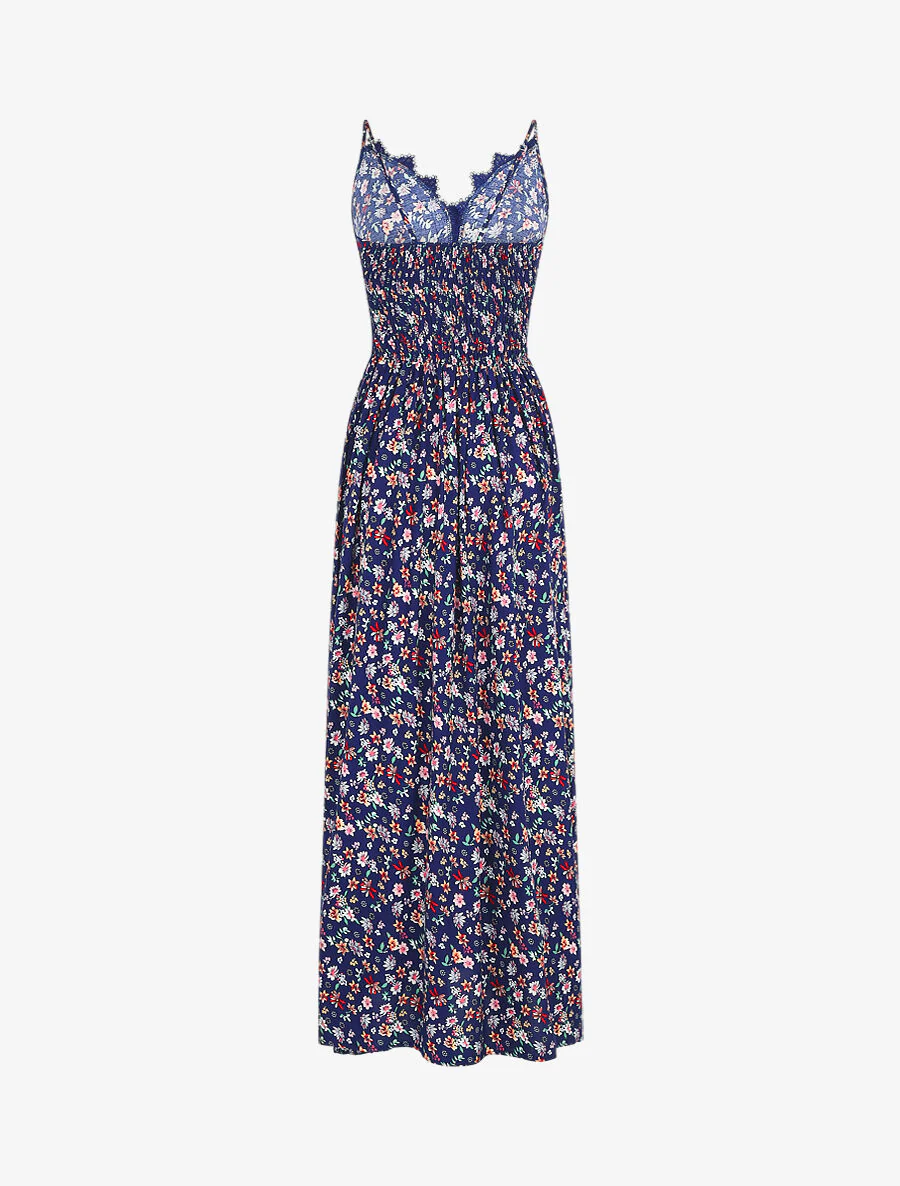 Lange jurk met kanten kraag en bloemige print - Marineblauw - Image 2