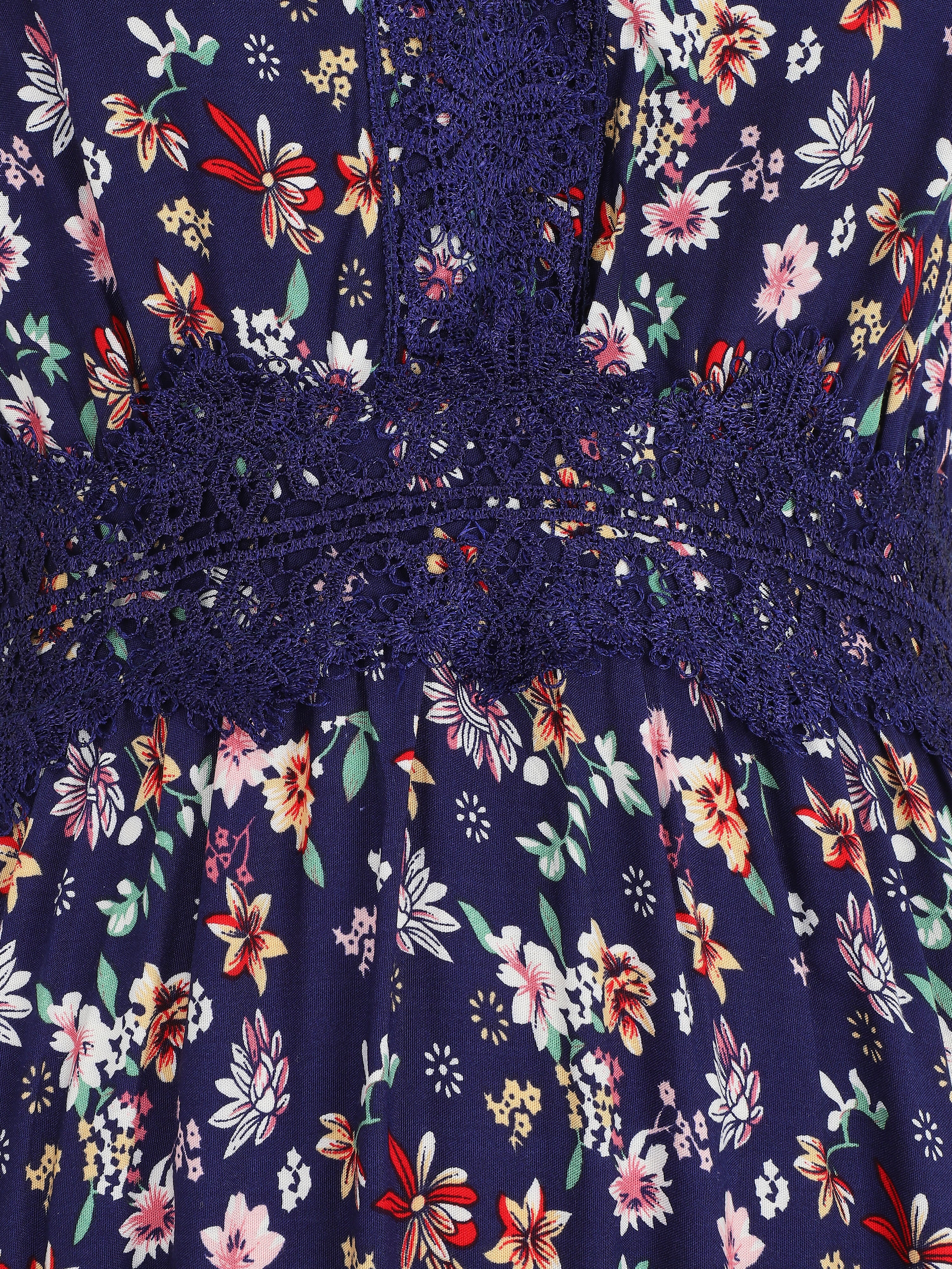 Lange jurk met kanten kraag en bloemige print - Marineblauw - Image 3