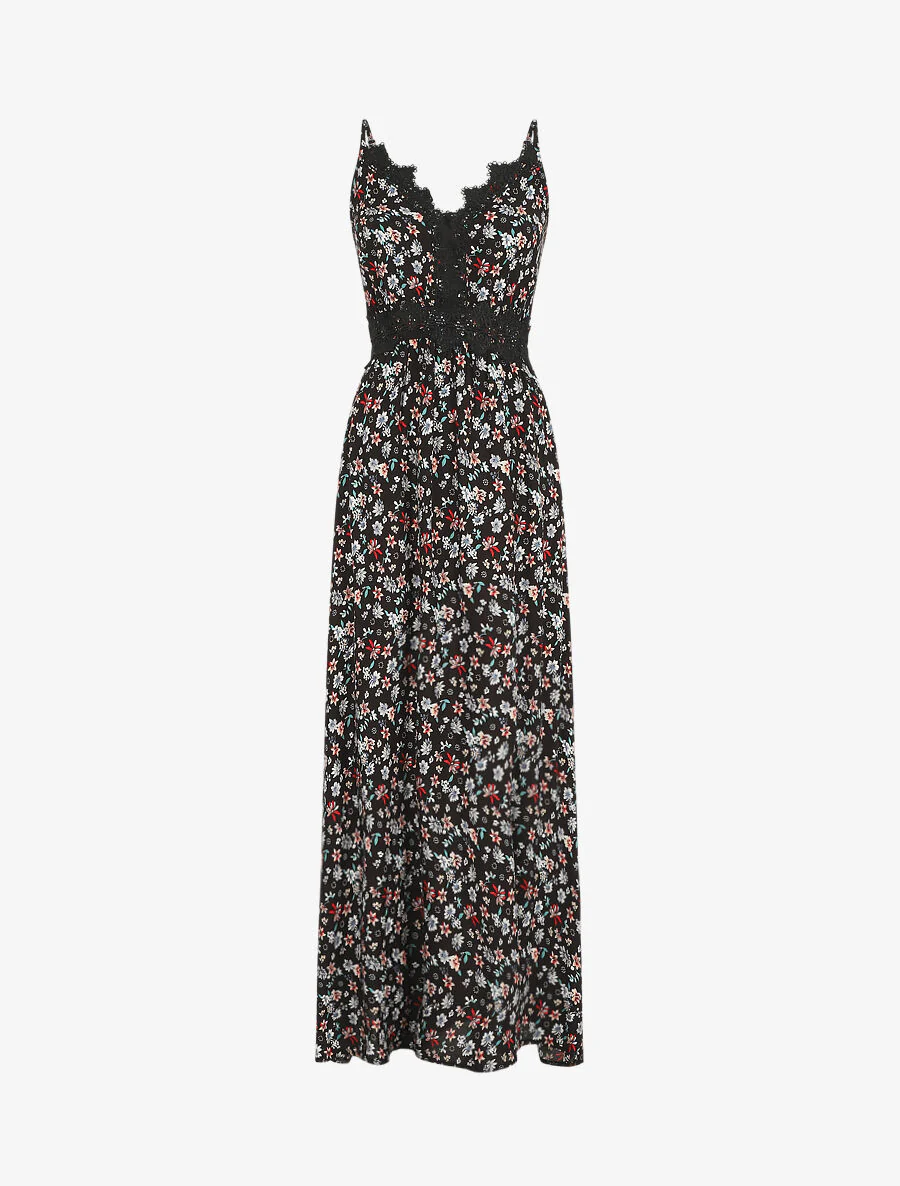 Lange jurk met kanten kraag en bloemige print - zwart