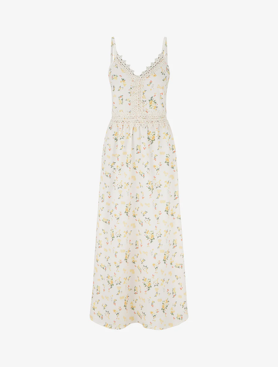 Lange jurk met kleine bloemenprint en haakdetails. - Geel