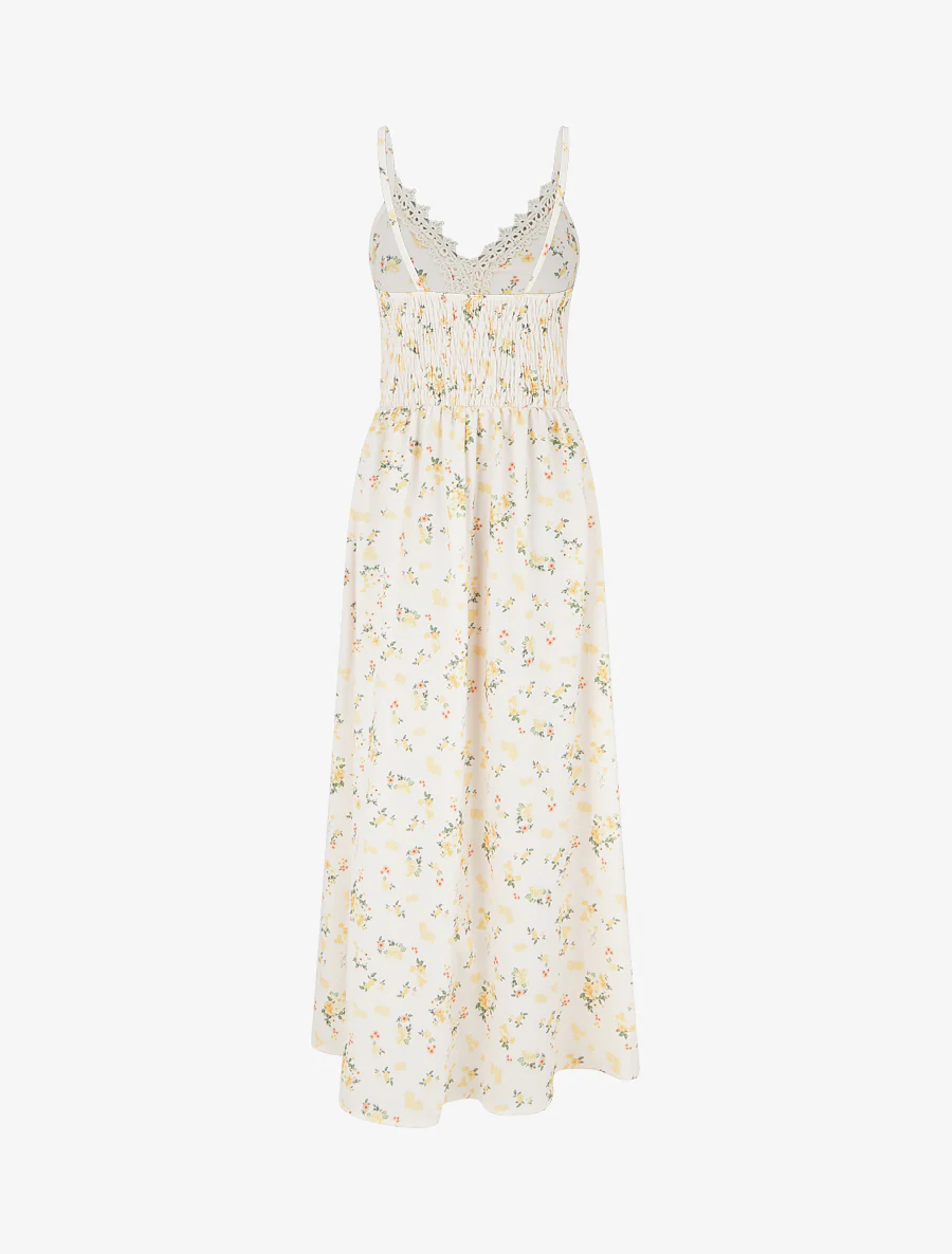 Lange jurk met kleine bloemenprint en haakdetails. - Geel - Image 2