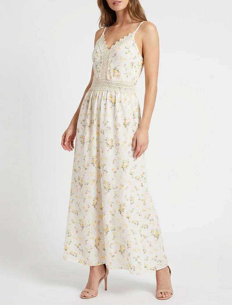 Lange jurk met kleine bloemenprint en haakdetails. - Geel - Image 4