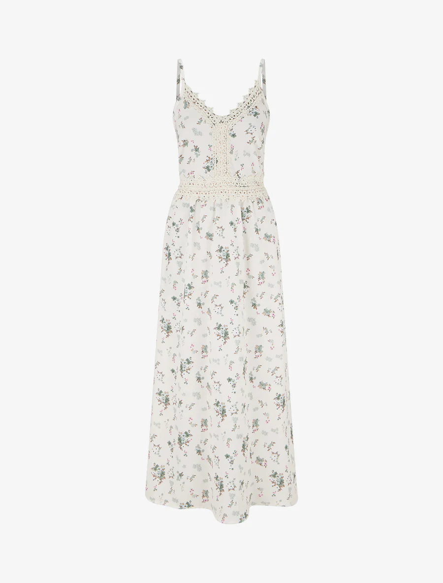Lange jurk met kleine bloemenprint en haakdetails. - Kaki